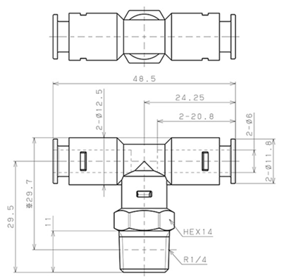 Bản vẽ kỹ thuật Đầu Nối Nhanh Khí Nén Dạng Chữ T Ren Ngoài Pisco APB6-02-TP