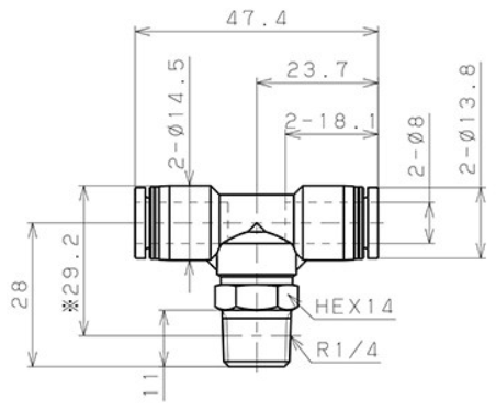 Bản vẽ kỹ thuật Đầu Nối Nhanh Khí Nén Chữ T Phi 8mm Ren Ngoài R1/4 Pisco PB8-02