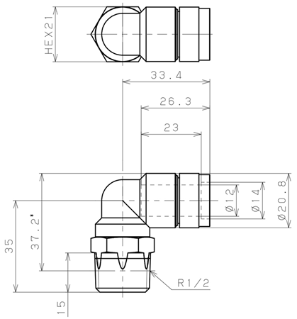 Bản vẽ kỹ thuật Đầu Nối Nhanh Khí Nén Cong 90° Phi 12mm Ren Ngoài R1/2 Pisco KL12-04