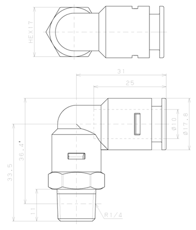 Bản vẽ kỹ thuật Đầu Nối Nhanh Khí Nén Dạng Cong 90° Ren Ngoài Pisco APL10-02-C