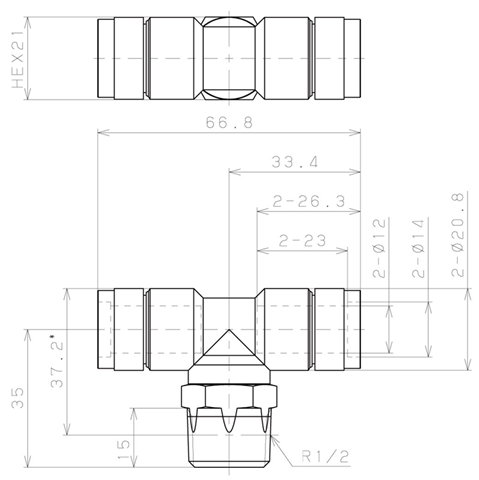 Bản vẽ kỹ thuật Đầu Nối Nhanh Khí Nén Dạng Chữ T Ren Ngoài Pisco KB12-04