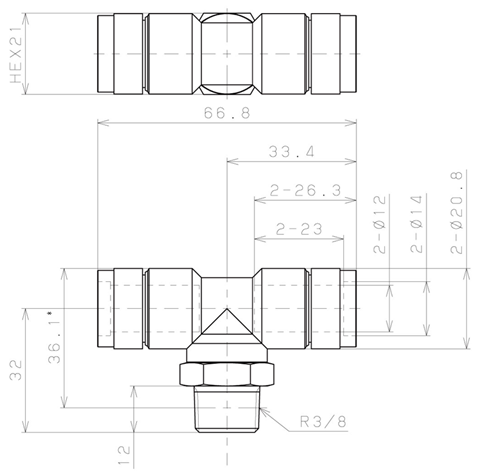 Bản vẽ kỹ thuật Đầu Nối Nhanh Khí Nén Dạng Chữ T Ren Ngoài Pisco KB12-03