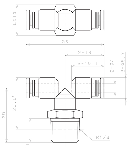 Bản vẽ kỹ thuật Đầu Nối Nhanh Khí Nén Dạng Chữ T Ren Ngoài Pisco KB4-02-1-F