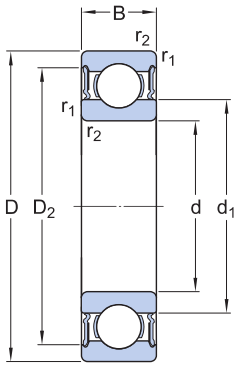 Bản vẽ kỹ thuật Vòng Bi Cầu Rãnh Sâu SKF 63007-2RS1 (35x62x20) Phốt Cao Su NBR Tiếp Xúc (Hai Bên)