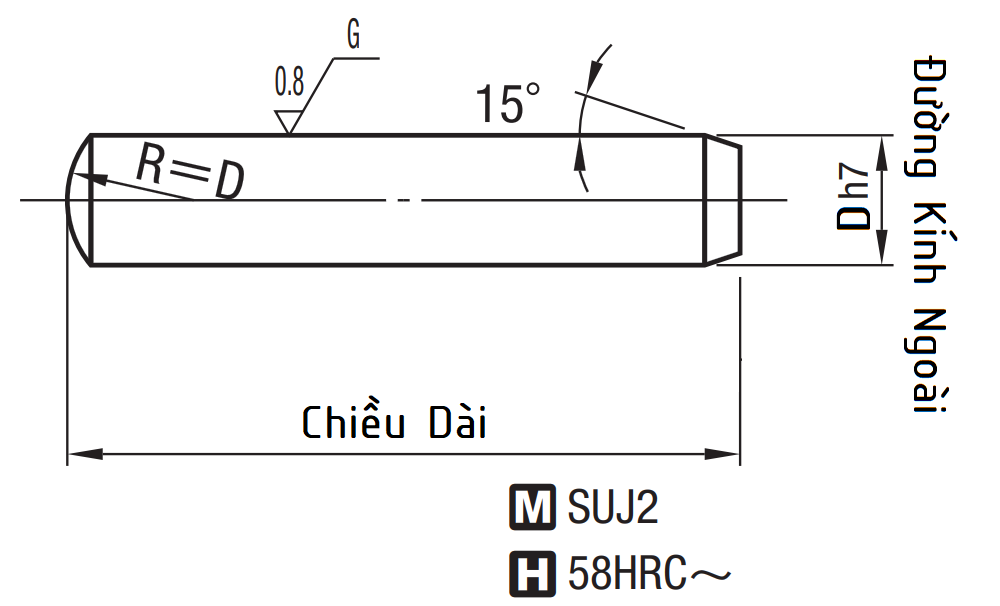 Bản vẽ kỹ thuật Chốt Định Vị Thẳng Thép SUJ2 D2x6 MSSH2-6 (h7)