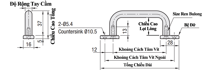 Bản vẽ kỹ thuật Tay Nắm Cửa Chữ U Thép Mạ Chrome Phi 10 mm x L 250 mm (UWANG250)