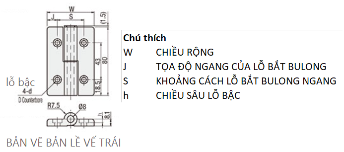 Bản vẽ kỹ thuật Bản Lề Tháo Rời Trái Nhôm Hợp Kim Bắn Cát (HHPNLK5-25) L 80 mm