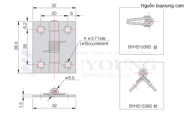 Bản vẽ kỹ thuật Bản lề lò xo 180° inox 304 Buyoung 32x38.3 BYHS1538S-B