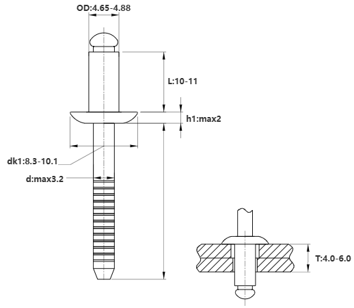 Bản vẽ kỹ thuật Rivet Inox 304 OD4.8x10mm (100 Cái)