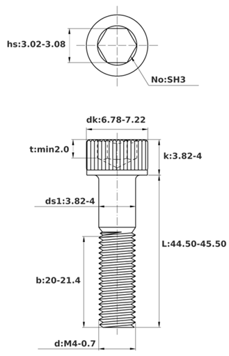 Bản vẽ kỹ thuật Lục Giác Chìm Đầu Trụ Inox 304 DIN912 M4x45 Ren Lửng