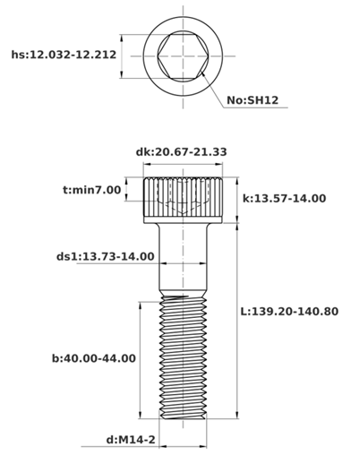 Bản vẽ kỹ thuật Lục Giác Chìm Đầu Trụ Thép Mạ Kẽm Trắng Cr3+ 12.9 DIN912 M14x140 Ren Lửng