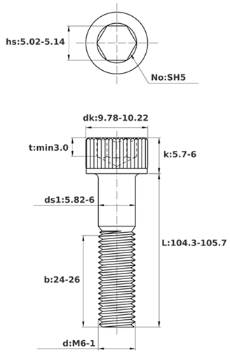 Bản vẽ kỹ thuật Lục Giác Chìm Đầu Trụ Thép Đen 12.9 DIN912 M6x105 Ren Lửng