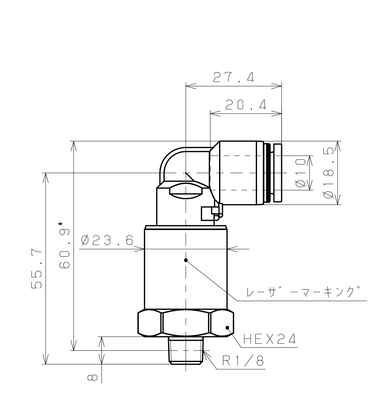 Bản vẽ kỹ thuật Đầu Nối Nhanh Khí Nén Dạng Cong 90° Ren Ngoài Có Khớp Xoay Pisco RAL10-01SUS-F