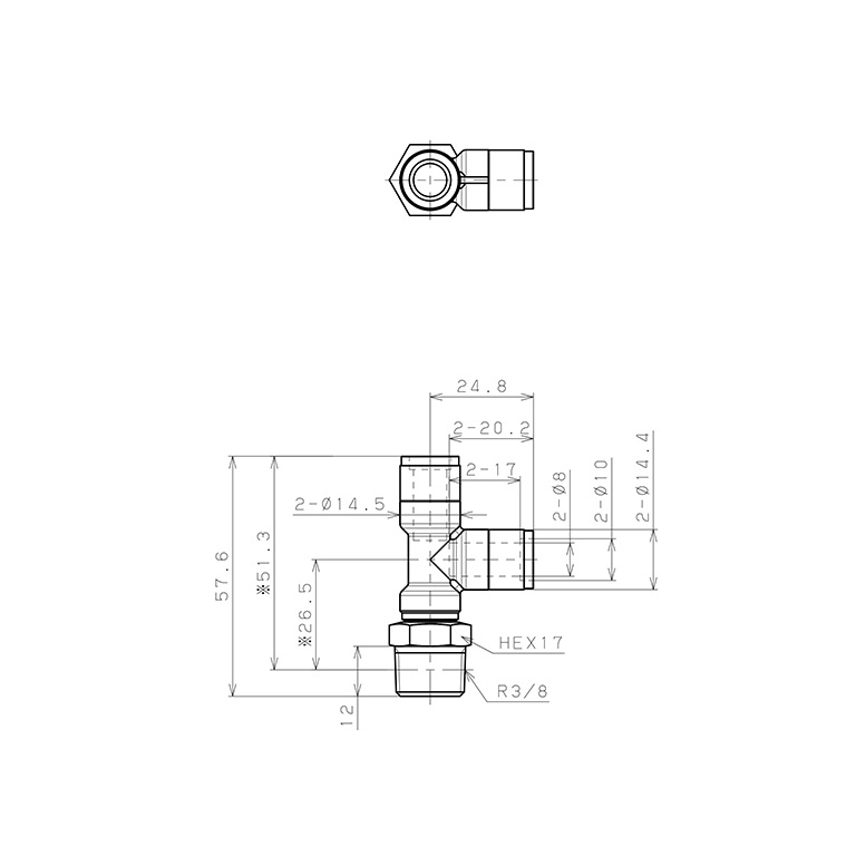 Bản vẽ kỹ thuật Đầu Nối Nhanh Khí Nén Dạng Chữ T Ren Ngoài Pisco KD8-03-F