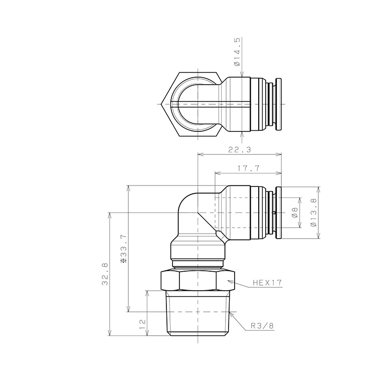 Bản vẽ kỹ thuật Đầu Nối Nhanh Khí Nén Dạng Cong 90° Ren Ngoài Pisco KL8-03-1-F