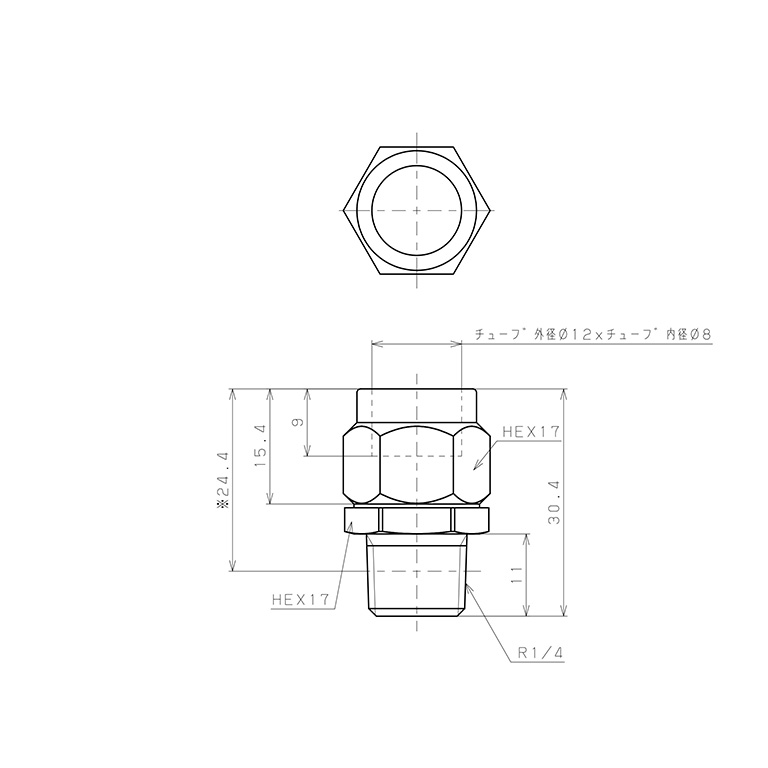 Bản vẽ kỹ thuật Đầu Ngạnh Nối Ống Có Đai Ốc Xiết Dạng Thẳng Thân Lục Giác Ren Ngoài Pisco NKC1280-02