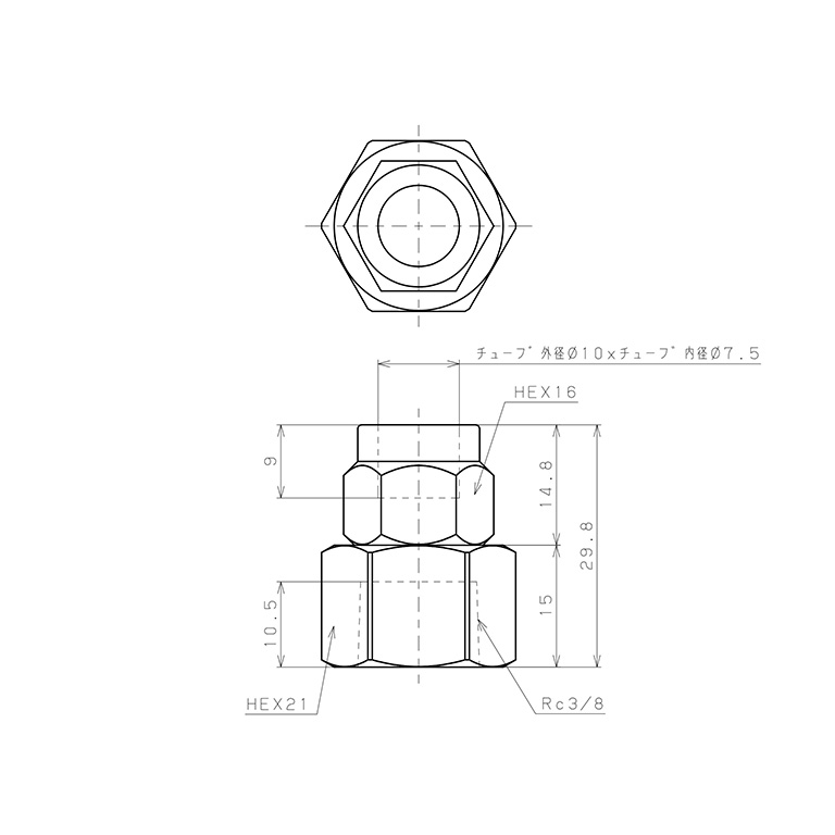 Bản vẽ kỹ thuật Đầu Ngạnh Nối Ống Có Đai Ốc Xiết Dạng Thẳng Thân Lục Giác Ren Trong Pisco NKCF1075-03