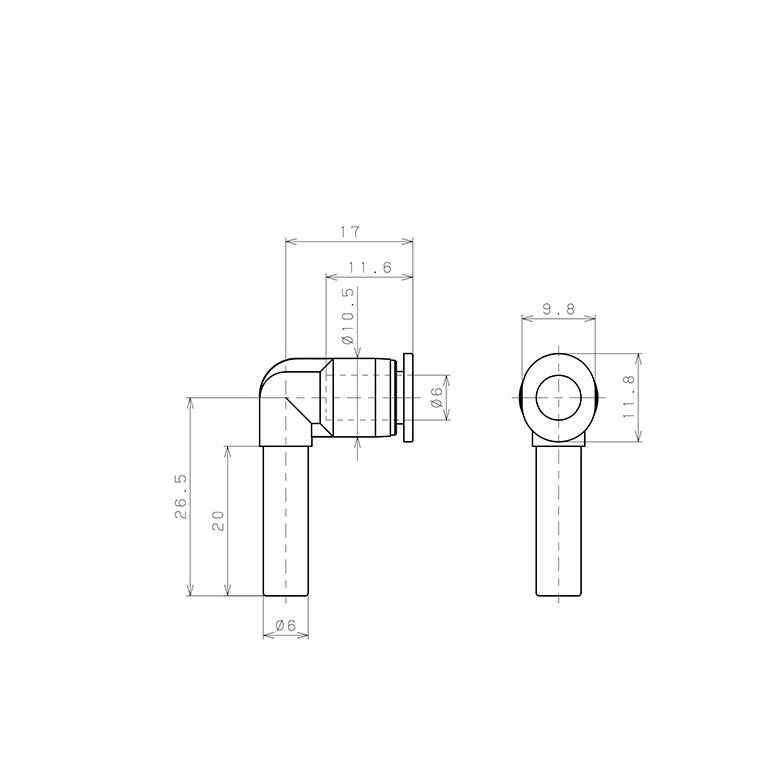 Bản vẽ kỹ thuật Đầu Nối Nhanh Khí Nén Giữa Ống Khí Và Fitting Dạng Cong 90° Pisco PLJ6M