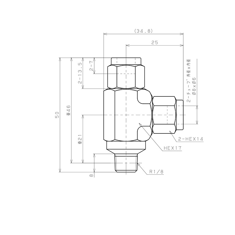 Bản vẽ kỹ thuật Đầu Ngạnh Nối Ống Có Đai Ốc Xiết Dạng Chữ T Ren Ngoài Pisco NSD0860-01