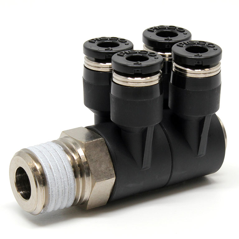 Đầu Nối Nhanh Khí Nén Bốn Nhánh Cong 90° Thân Lục Giác Trụ Ren Ngoài Pisco PAW4-02-C