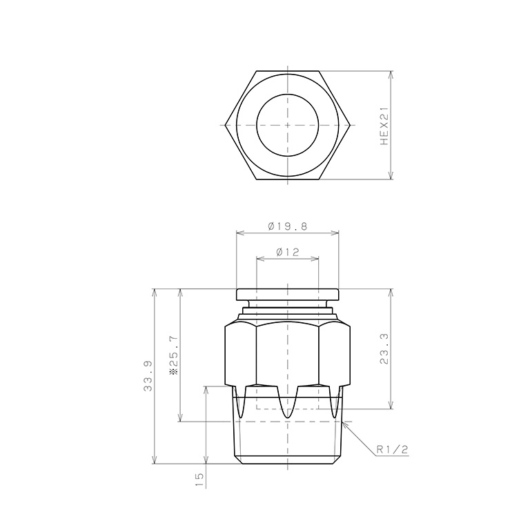 Bản vẽ kỹ thuật Đầu Nối Nhanh Khí Nén Dạng Thẳng Thân Lục Giác Ren Ngoài Pisco SPPC12-04SP