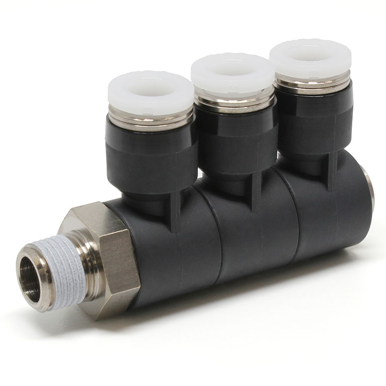Đầu Nối Nhanh Khí Nén Ba Nhánh Cong 90° Thân Lục Giác Trụ Ren Ngoài Pisco PHT1/4-01
