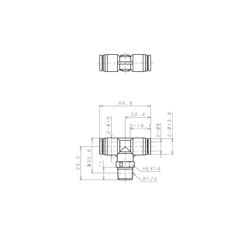 Bản vẽ kỹ thuật Đầu Nối Nhanh Khí Nén Dạng Chữ T Ren Ngoài Pisco SPPB8-02