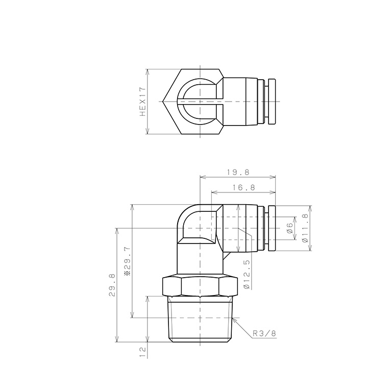 Bản vẽ kỹ thuật Đầu Nối Nhanh Khí Nén Dạng Cong 90° Ren Ngoài Pisco SPPL6-03SP