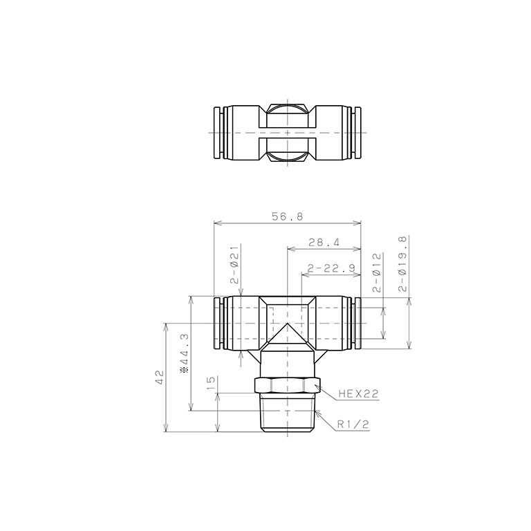 Bản vẽ kỹ thuật Đầu Nối Nhanh Khí Nén Dạng Chữ T Ren Ngoài Pisco SPPB12-04