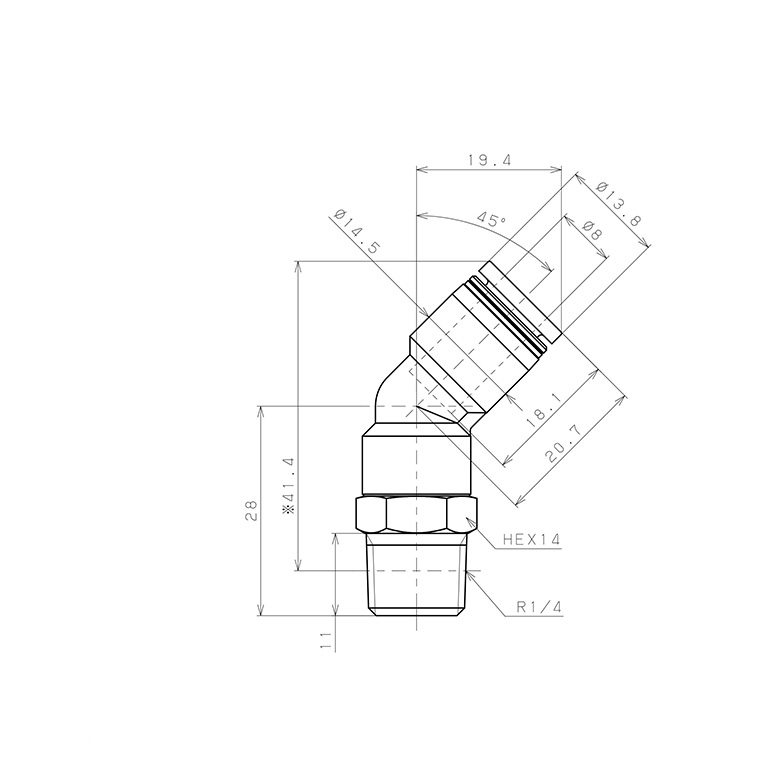 Bản vẽ kỹ thuật Đầu Nối Nhanh Khí Nén Dạng Cong 45° Ren Ngoài Pisco PLH8-02-C