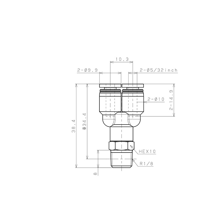 Bản vẽ kỹ thuật Đầu Nối Nhanh Khí Nén Dạng Chữ Y Ren Ngoài Pisco PX5/32-01
