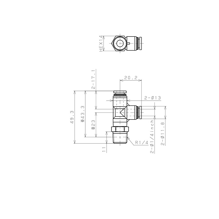 Bản vẽ kỹ thuật Đầu Nối Nhanh Khí Nén Dạng Chữ T Ren Ngoài Pisco PPD1/4-02SUS-S