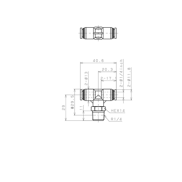 Bản vẽ kỹ thuật Đầu Nối Nhanh Khí Nén Dạng Chữ T Ren Ngoài Pisco PPB1/4-02SUS-F