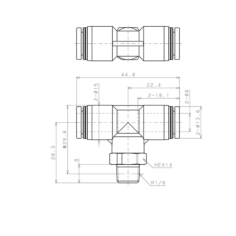 Bản vẽ kỹ thuật Đầu Nối Nhanh Khí Nén Dạng Chữ T Ren Ngoài Pisco PPB8-01-C