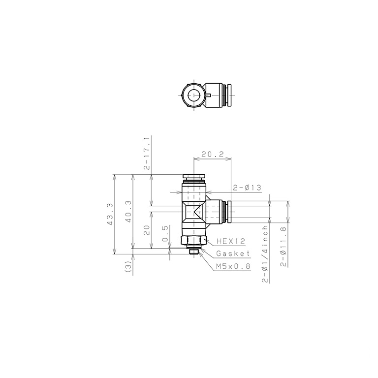Bản vẽ kỹ thuật Đầu Nối Nhanh Khí Nén Dạng Chữ T Ren Ngoài Pisco PPD1/4-M5SUS-F