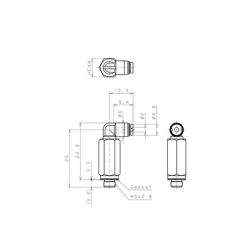Bản vẽ kỹ thuật Đầu Nối Nhanh Khí Nén Dạng Cong 90° Ren Ngoài (Dài) Pisco PLL2-M5M-C