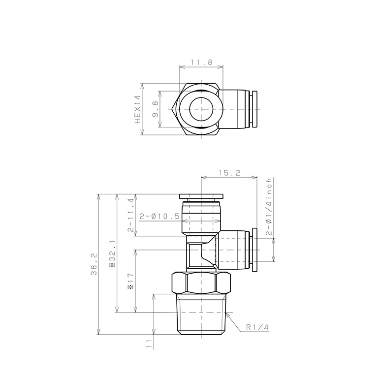 Bản vẽ kỹ thuật Đầu Nối Nhanh Khí Nén Dạng Chữ T Ren Ngoài Pisco PD1/4-02M
