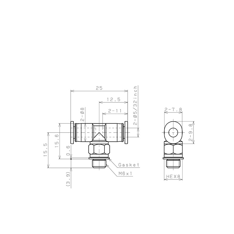 Bản vẽ kỹ thuật Đầu Nối Nhanh Khí Nén Dạng Chữ T Ren Ngoài Pisco PB5/32-M6M