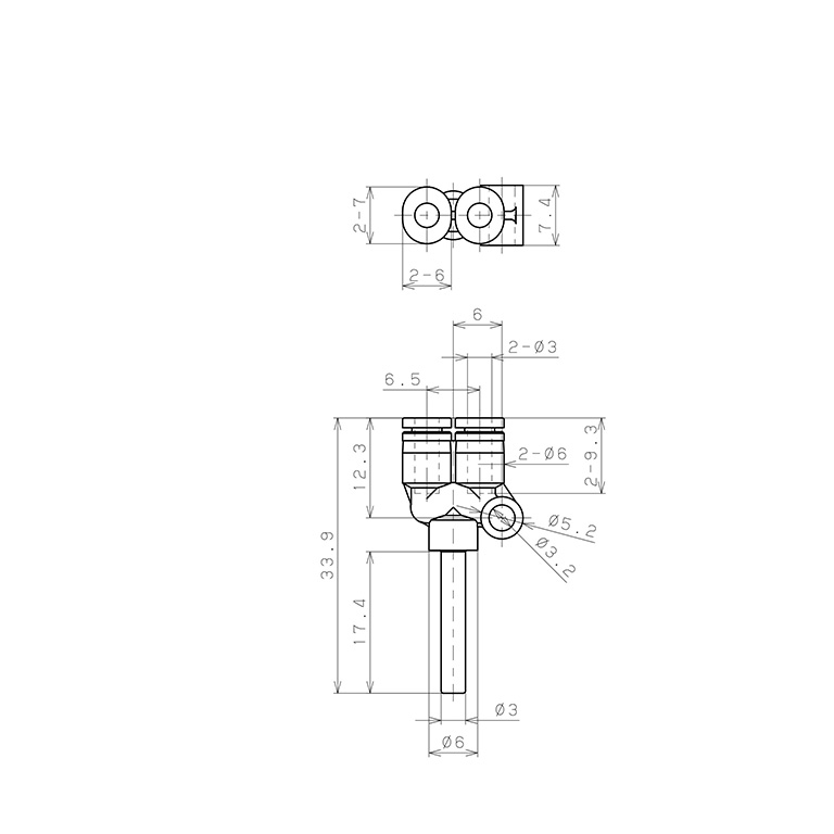 Bản vẽ kỹ thuật Đầu Nối Nhanh Khí Nén Giữa Ống Khí Và Fitting Dạng Chữ Y Pisco PYJ3M-C