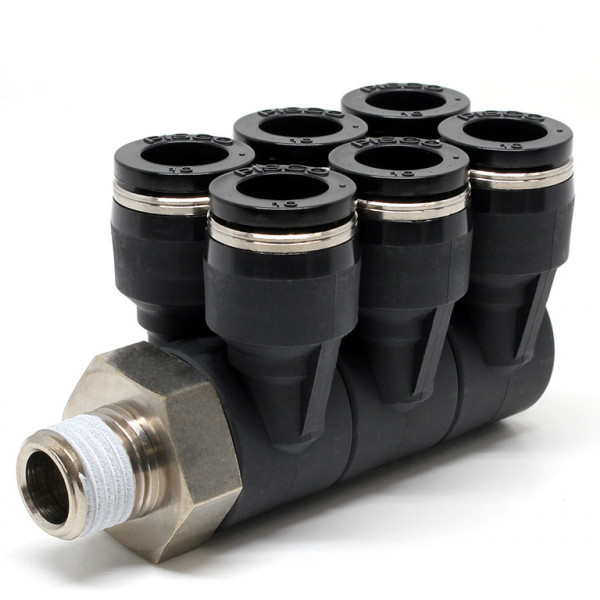 Đầu Nối Nhanh Khí Nén Sáu Nhánh Cong 90° Thân Lục Giác Trụ Ren Ngoài Pisco PAT10-02-C