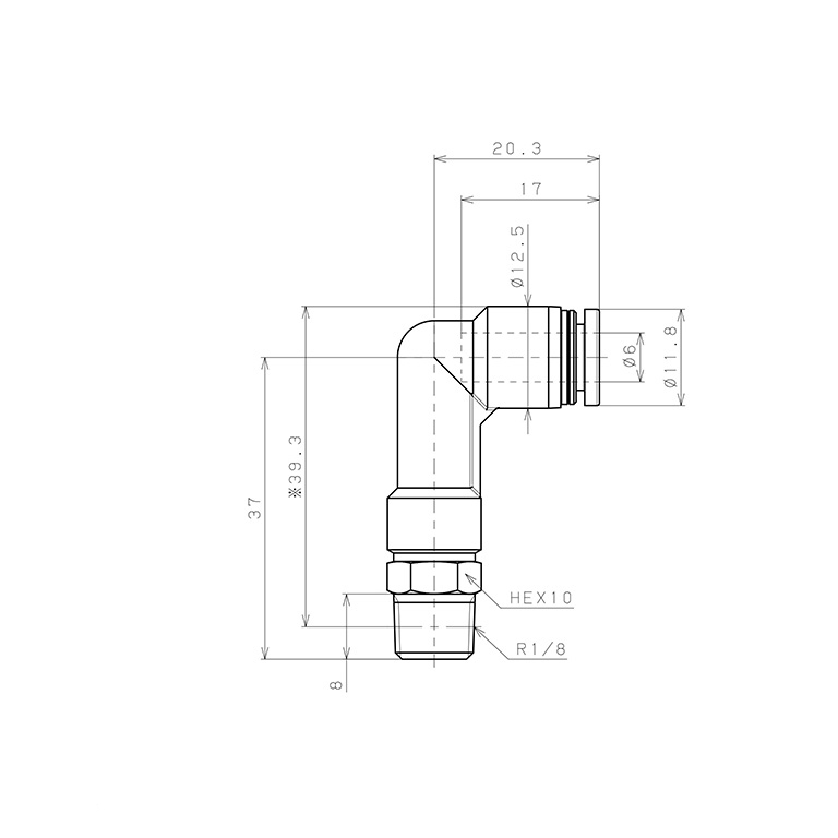 Bản vẽ kỹ thuật Đầu Nối Nhanh Khí Nén Dạng Cong 90° Ren Ngoài (Dài) Pisco PLL6-01-UC