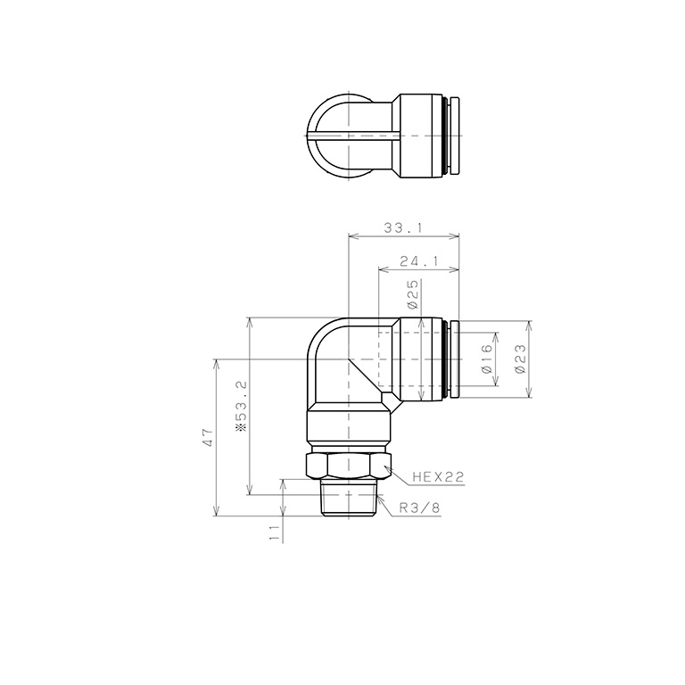Bản vẽ kỹ thuật Đầu Nối Nhanh Khí Nén Dạng Cong 90° Ren Ngoài Pisco PL16-03W-C
