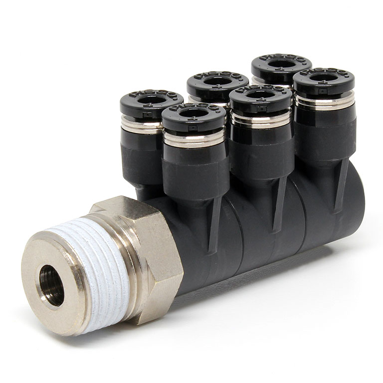 Đầu Nối Nhanh Khí Nén Sáu Nhánh Cong 90° Thân Lục Giác Trụ Ren Ngoài Pisco PAT4-03-C