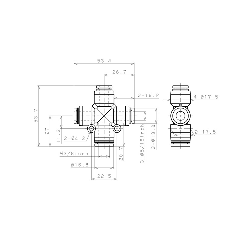 Bản vẽ kỹ thuật Đầu Nối Nhanh Khí Nén Ngã 4 Dạng Nối Giảm Pisco PZC3/8-5/16