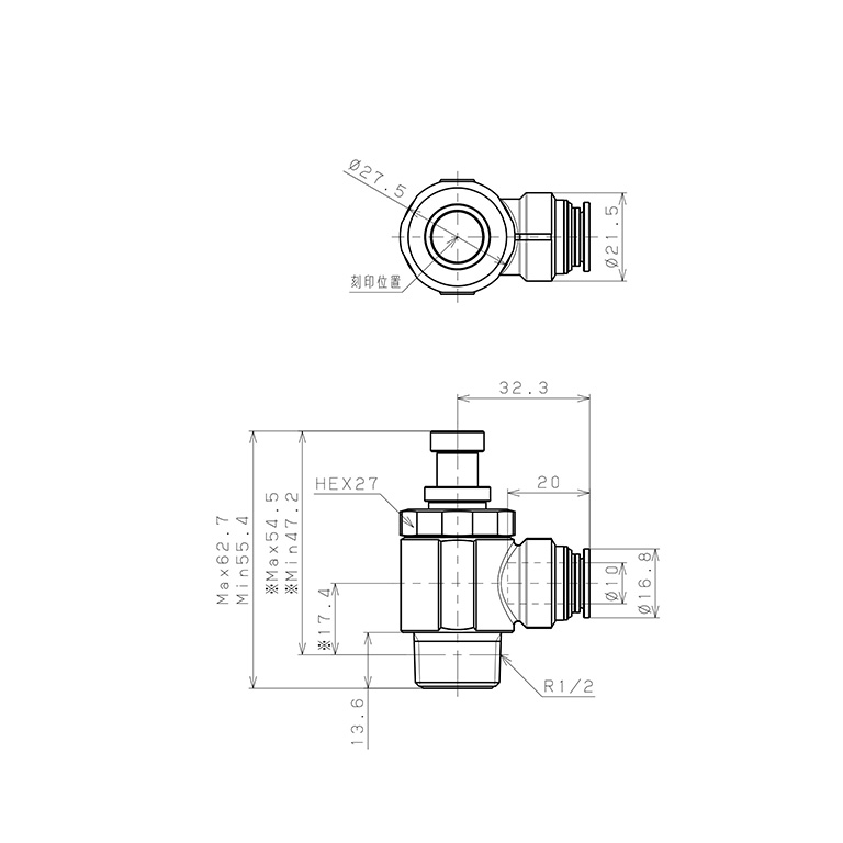 Bản vẽ kỹ thuật Van Tiết Lưu Khí Nén Bằng Đồng Mạ Niken Pisco KJSC10-04A-1
