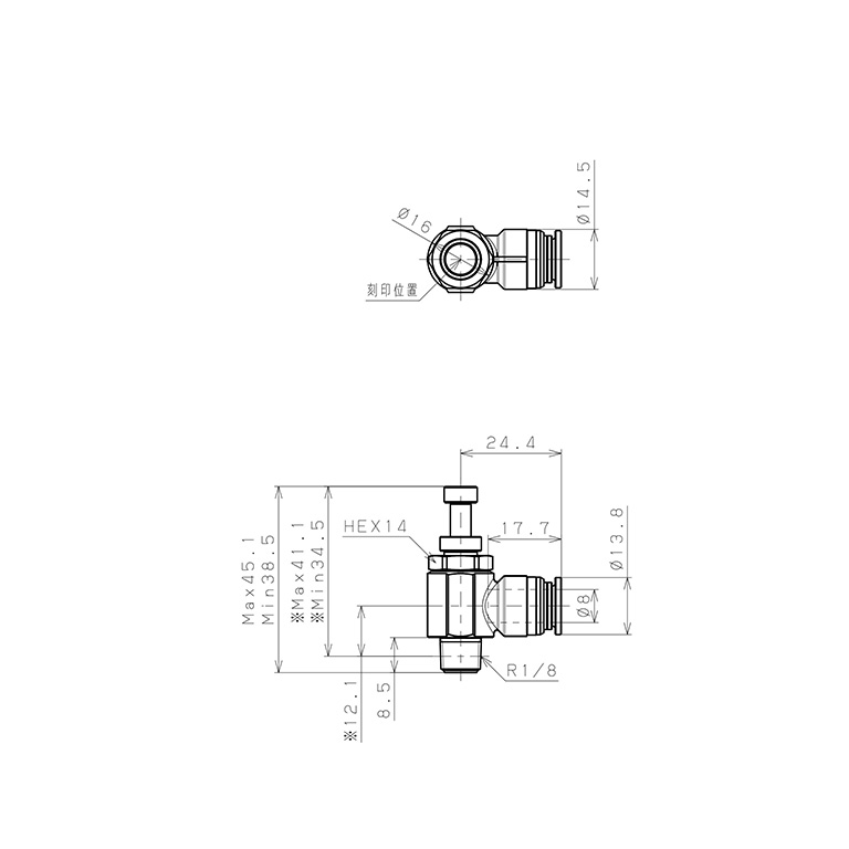 Bản vẽ kỹ thuật Van Tiết Lưu Khí Nén Bằng Đồng Mạ Niken Pisco KJSC8-01B-1-F