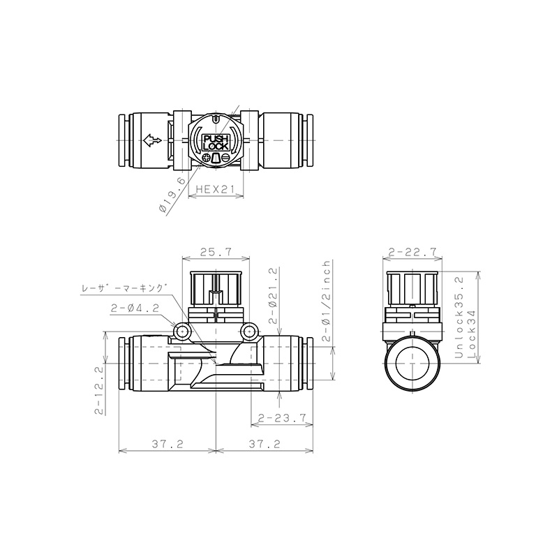 Bản vẽ kỹ thuật Van Tiết Lưu Khí Nén Loại Khóa Đẩy Có Hiển Thị Chỉ Số Pisco JSGU1/2LW