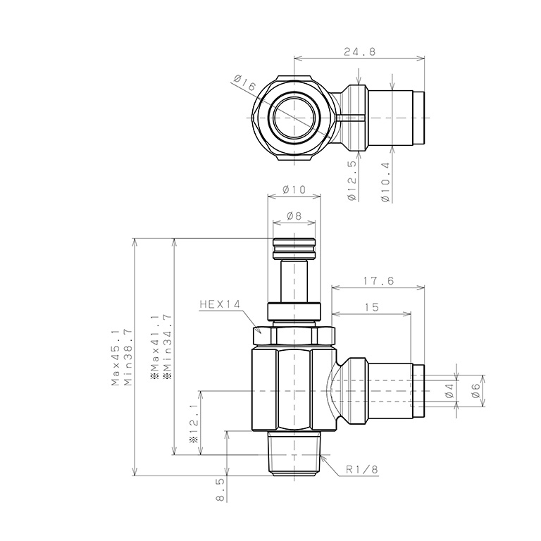 Bản vẽ kỹ thuật Van Tiết Lưu Khí Nén Chân Kim, Đồng Mạ Niken Pisco KJNC4-01-F