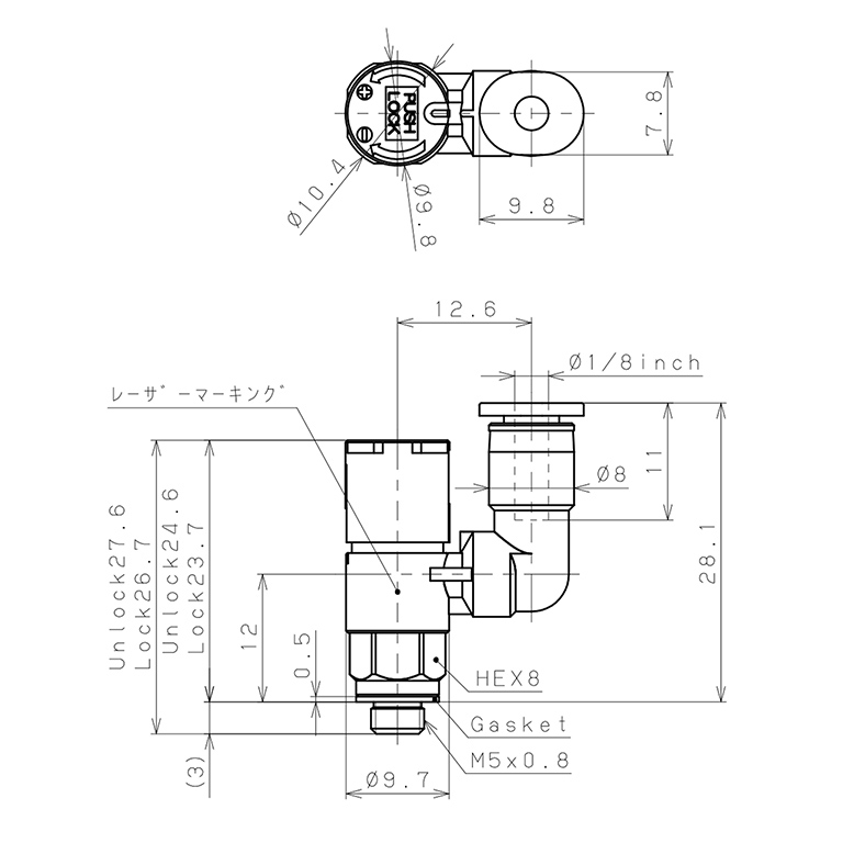 Bản vẽ kỹ thuật Van Tiết Lưu Khí Nén Loại Khóa Đẩy Có Hiển Thị Chỉ Số Pisco JSGS1/8-M5ALW