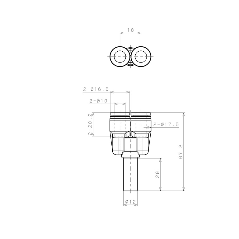 Bản vẽ kỹ thuật Đầu Nối Nhanh Khí Nén Giữa Ống Khí Và Fitting Dạng Nối Giảm Chữ Y Pisco SPWJ12-10
